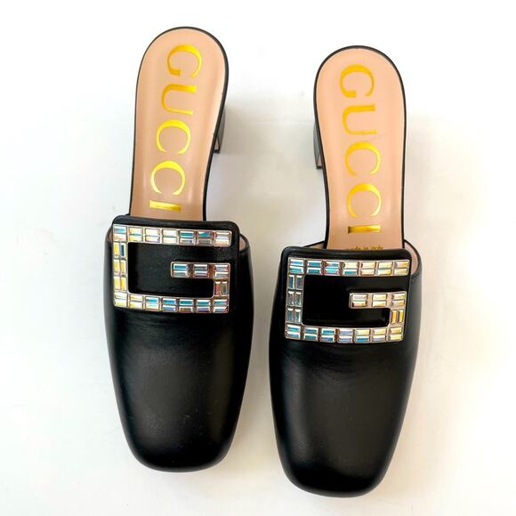 GUCCI Black leather Madelyn Crystal G Mules Block heel  EU 39 - Picture 1 of 13